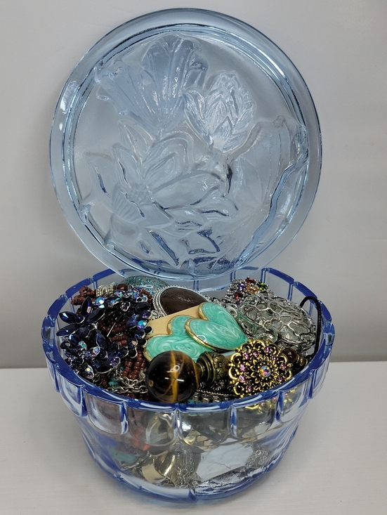 Jewelry - Blue Glass Trinket Dish with Lid Filled With Jewelry